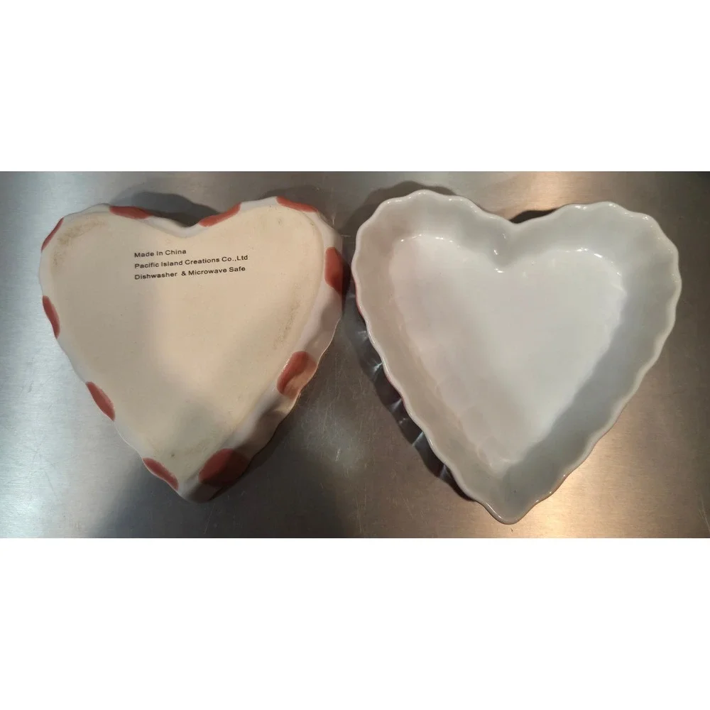 Pacific Island Creations‎ Co Heart Ceramic Ramekin Set White Pink Striped Set/2
